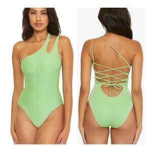 Becca Shimmer One Shoulder Asymmetrical One Piece Swimsuit in Seafoam Green NWT